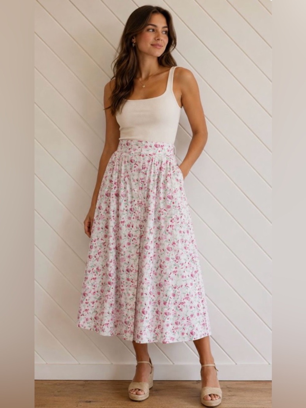Vintage Floral Skirt Buttons Pockets